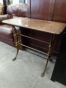 VICTORIAN CAST IRON TABLE, WITH OAK OBLONG TOP WITH QUADRANT CORNERS, 2?10? X 1?6? X 2?4? HIGH