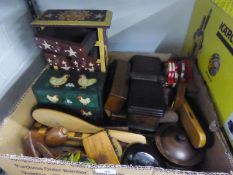 SELECTION OF WOODEN ITEMS TO INCLUDE 2 DECORATIVE MINIATURE CHESTS OF DRAWERS; A LONG, NARROW CARVED