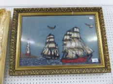 A FABRIC PICTURE, 'SAILING SHIPS', FRAMED AND GLAZED