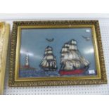 A FABRIC PICTURE, 'SAILING SHIPS', FRAMED AND GLAZED