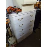 A WHITE FINISH CHEST OF FIVE LONG DRAWERS AND A BEDSIDE CUPBOARD WITH DRAWER ABOVE