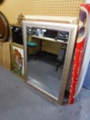 TWO MODERN WALL MIRRORS AND A WOOLWORK PICTURE OF A TIGER