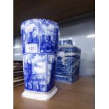 TWO PIECES OF RINGTON?S BLUE AND WHITE POTTERY: ?LANDMARKS VASE?, and a TEA CADDY AND COVER, (2)