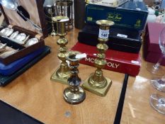 PAIR OF VICTORIAN BRASS CANDLESTICKS WITH KNOP STEMS, THE SQUARE BASE WITH EJECTORS, 8" (20.3cm) and