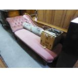 VICTORIAN MAHOGANY CHAISE LONGUE, the show-wood frame covered in pink plush