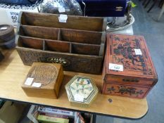 TWENTIETH CENTURY INDIAN HARDWOOD AND BONE INLAID LETTER RACK, A LACQUER BOX DECORATED WITH