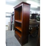 A GOOD QUALITY REPRODUCTION MAHOGANY OPEN BOOKCASE WITH ADJUSTABLE SHELVES AND TWO DRAWERS BELOW