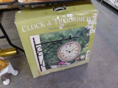 BOXED MODERN 'UNION STATION' OUTDOOR DOUBLE SIDED CLOCK AND THERMOMETER