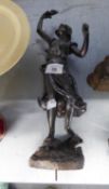 SPELTER CLASSICAL FEMALE FIGURE HOLDING UP A FLORAL SPRAY, 13 ½? HIGH (LACKS PLINTH)