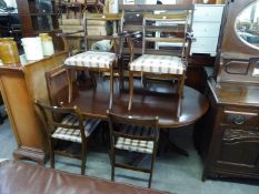 A REPRODUCTION MAHOGANY TWIN PEDESTAL DINING TABLE, WITH EXTRA LEAF AND SIX DINING CHAIRS (4+2) (7)