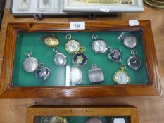 THIRTEEN DECORATIVE POCKET/FOB WATCHES, VARIOUS SHAPES AND DESIGNS, IN CHROME AND GILT METAL CASES