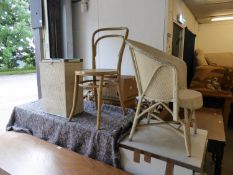 A VINTAGE WHITE LLOYD LOOM TUB SHAPED ARMCHAIR AND A WHITE LOOM LINEN RECEIVER (2)