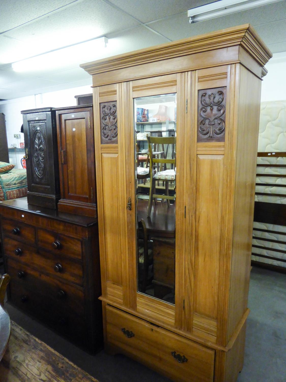 A WAXED PINE SINGLE WARDROBE, A DARK STAINED BEDSIDE CABINET AND ANOTHER MAHOGANY DITTO (3)