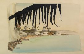 UNATTRIBUTED (MODERN GREEK SCHOOL) PEN AND WASH DRAWING ?Mykonos? Signed 10? x 14 ½? (25.4cm x 36.