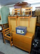 TEAK DINING ROOM FURNISHINGS, COMPRISING A SET OF FOUR DINING CHAIRS, WITH LADDER BACKS, A SAVE-