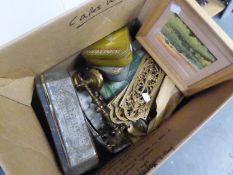 MIXED LOT - TO INCLUDE; ORNATE PAIR OF BRASS PIANO CANDLE HOLDERS, TEN BAKELITE INKWELLS, DIP PENS