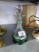 NINETEENTH CENTURY PALE GREEN PANEL CUR GLASS LIQUEUR DECANTER AND STOPPER