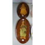 PAIR OF MARQUETRY OVAL WALL PLAQUES DEPICTING DUTCH BOY AND GIRL IN NATIONAL COSTUME, 14 3/4" (37.