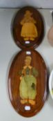 PAIR OF MARQUETRY OVAL WALL PLAQUES DEPICTING DUTCH BOY AND GIRL IN NATIONAL COSTUME, 14 3/4" (37.