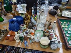 A SELECTION OF DECORATIVE ORNAMENTS  TO INCLUDE; FIGURES, WADE WHIMSIES, HEN ON NEST, PLANTERS