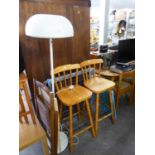 A PAIR OF HARDWOOD BAR STOOLS AND A FOLD-FLAT METAL GARDEN ARMCHAIR, TWO CLOTHES AIRER?S AND A