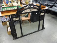 EARLY TWENTIETH CENTURY AESTHETIC MOVEMENT OVER MANTEL MIRROR, POINTED ARCH EBONISED WOOD WITH