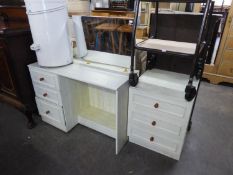 A WHITE FINISH SINGLE PEDESTAL DRESSING TABLE WITH MIRROR AND THREE DRAWERS, THE MATCHING SMALL