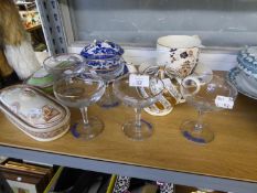 FIVE BABYCHAM GLASSES; FRENCH FAIENCE JUG; SADLERS SILVER LUSTRE TEAPOT; COALPORT BLUE AND WHITE