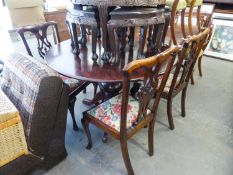 A VICTORIAN MAHOGANY CIRCULAR TILT-TOP DINING TABLE ON CABRIOLE QUADRUPLED BASE, ALSO A SET OF
