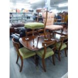 A MODERN REPRODUCTION REGENCY REVIVAL DINING TABLE WITH EXTRA LEAF AND SIX DINING CHAIRS, BY BRIGHTS