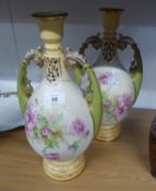 A PAIR OF AUSTRIAN ROYAL VIENNA POTTERY TWO HANDLED VASES, WITH RETICULATED NECKS, FLORAL PAINTED