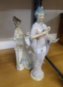 SPANISH D.ART.SA. PORCELAIN FIGURE OF A LADY IN GOWN, BESIDE A PEDESTAL, 10 3/4" (27.3cm) HIGH (SOME