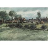 K.S.JAMES(?) , (TWENTIETH/ TWENTY FIRST CENTURY) PEN AND WASH DRAWING Landscape with buildings in