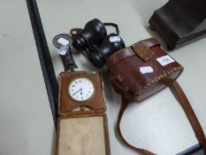PAIR VINTAGE OPERA GLASS TYPE BINOCULARS (A.F.) IN BROWN LEATHER CLAD FOLDING TRAVEL CLOCK AND A
