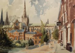 DAVID JOHN SWEETINGHAM (MODERN) WATERCOLOUR ?Salisbury cathedral from West Harnham Mill? Signed