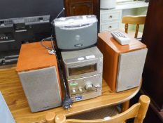 SONY SMALL STEREO RADIO/CD PLAYER AND THE PAIR OF LOUDSPEAKERS AND A LLOYDTRON PORTABLE RADIO (2)