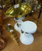 REPAINTED PAIR OF CAST IRON AND BRASS KITCHEN SCALES OF TYPICAL FORM WITH A SELECTION OF BRASS