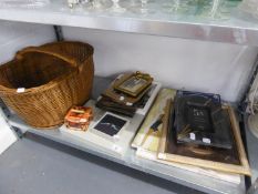 A SELECTION OF SMALL PICTURE FRAMES, 2 CANVAS PICTURES, TABLE MATS AND LARGE BASKET ETC.....