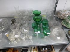 SET OF 6 GREEN GLASS STEM SMALL WINE GLASSES, OTHER GLASSES VARIOUS TO INCLUDE; ETCHED AND CUT GLASS