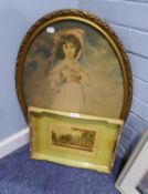 A GILT FRAMED OVAL COLOUR PRINT OF A LADY, AND A PICTORIAL TRAY (2)