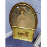 A GILT FRAMED OVAL COLOUR PRINT OF A LADY, AND A PICTORIAL TRAY (2)