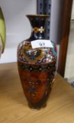 AN ORIENTAL CLOISONNÉ ENAMELLED SHOULDERED OVULAR VASE, DECORATED IN SHIELD SHAPED RESERVES, 8 ½?