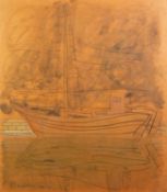 BASKIN (TWENTIETH/ TWENTY FIRST CENTURY) MIXED MEDIA ON COLOURED PAPER Moored sailing boat Signed