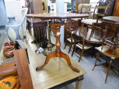 A MODERN REPRODUCTION YEW TREE VENEERED CIRCULAR TILT-TOP TABLE, ON TRIPOD BASE