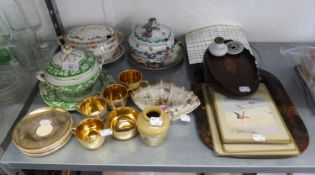 J & G. MEAKIN TUREEN AND COVER, JERSEY PART COFFEE SET IN GOLD AND SPECKLED DECORATION, MAHOGANY