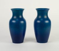 PAIR OF ROYAL LANCASTRIAN KINGFISHER BLUE GLAZED POTTERY VASES, of ovoid form with waisted necks,