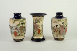 SUITE OF THREE TWENTIETH CENTURY JAPANESE SATSUMA POTTERY VASES, each painted with figural panels on