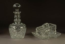 MODERN CUT GLASS DECANTER AND STOPPER, 11? (28cm) high, together with a MODERN CUT GLASS CHEESE DISH