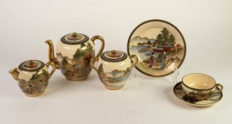 TWENTY ONE PIECE JAPANESE SATSUMA POTTERY TEA SERVICE FOR SIX PERSONS, hand painted in colours and