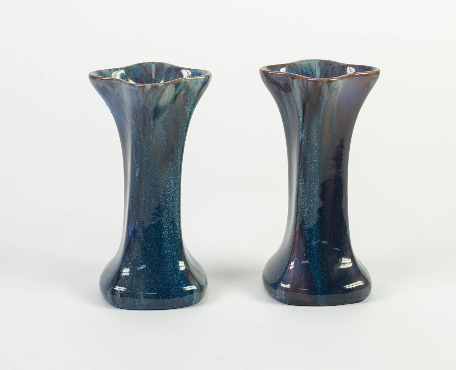 PAIR OF PILKINGTONS BLUE VEINED OPALESCENT GLAZED POTTERY VASES, each of square, twisted form with